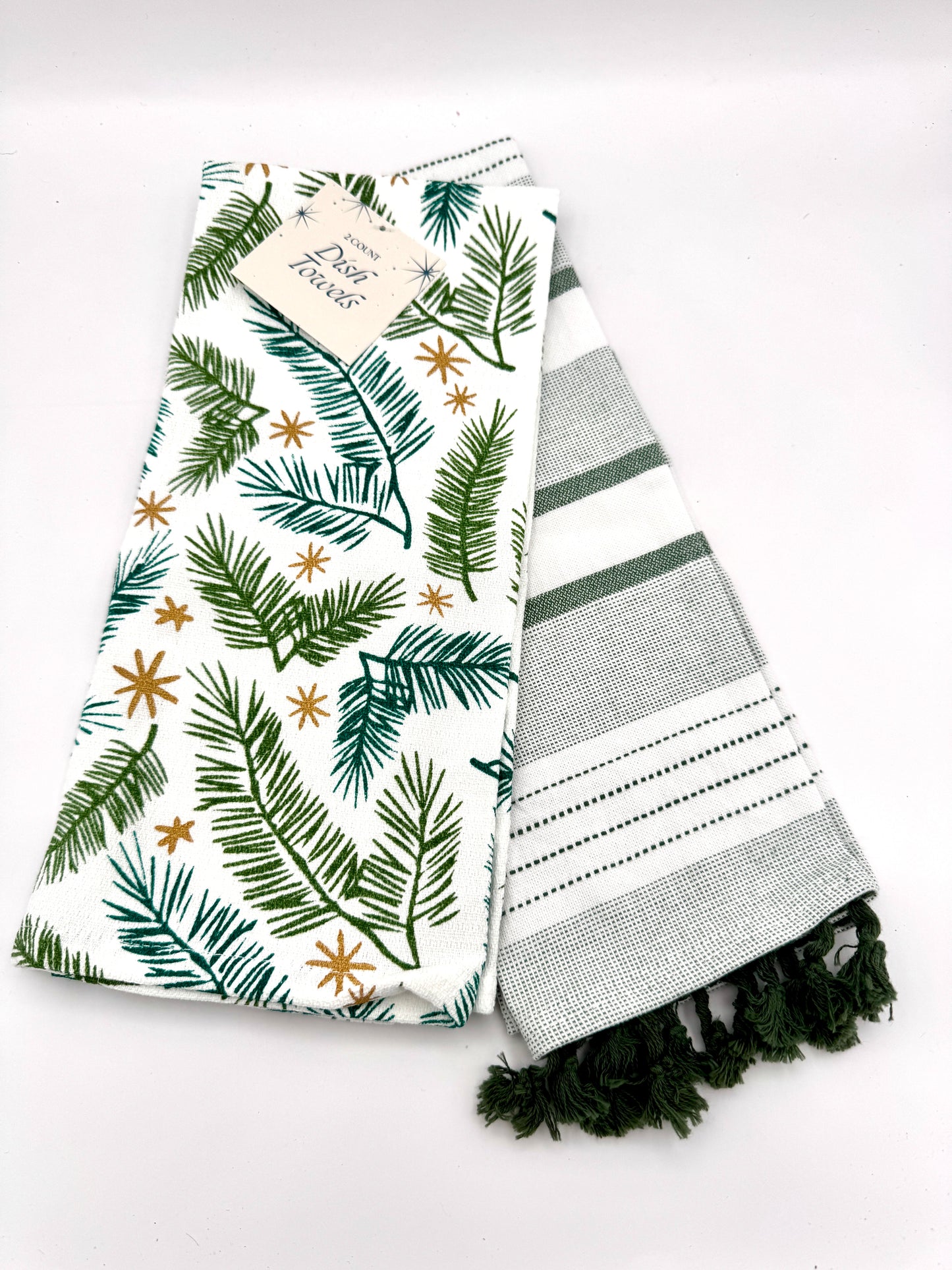 2pk New Dish Towels 100% Cotton Green and White 25" X 15"