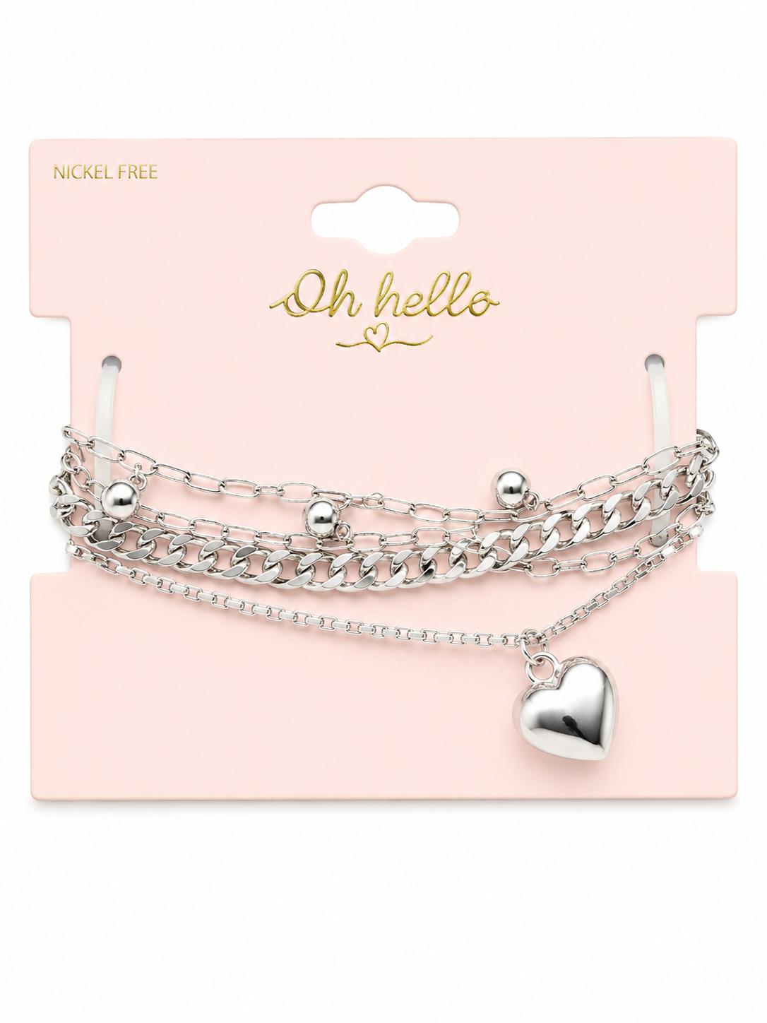 Oh Hello Silver-Tone Layered Heart Charm Bracelet Set