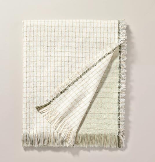 Woven Tan/Green Throw Blanket with Colorblock Pattern