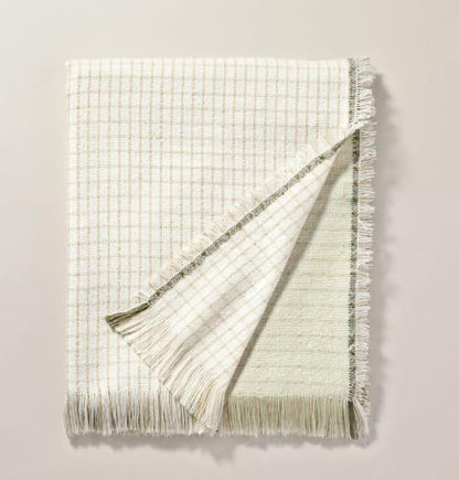 Woven Tan/Green Throw Blanket with Colorblock Pattern