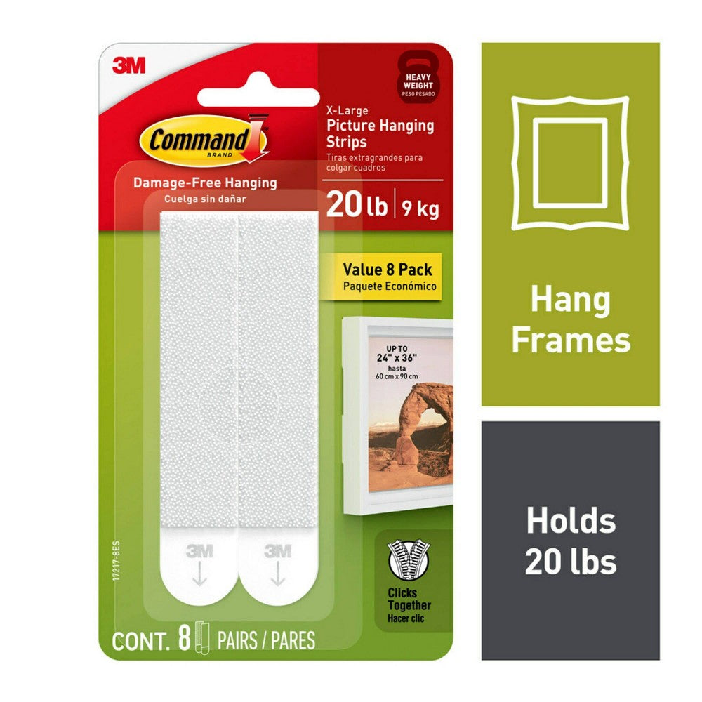 20 Lb XL Heavyweight Picture Hanging Strips, White, Damage Free Decorating,1 pack/8 Pairs