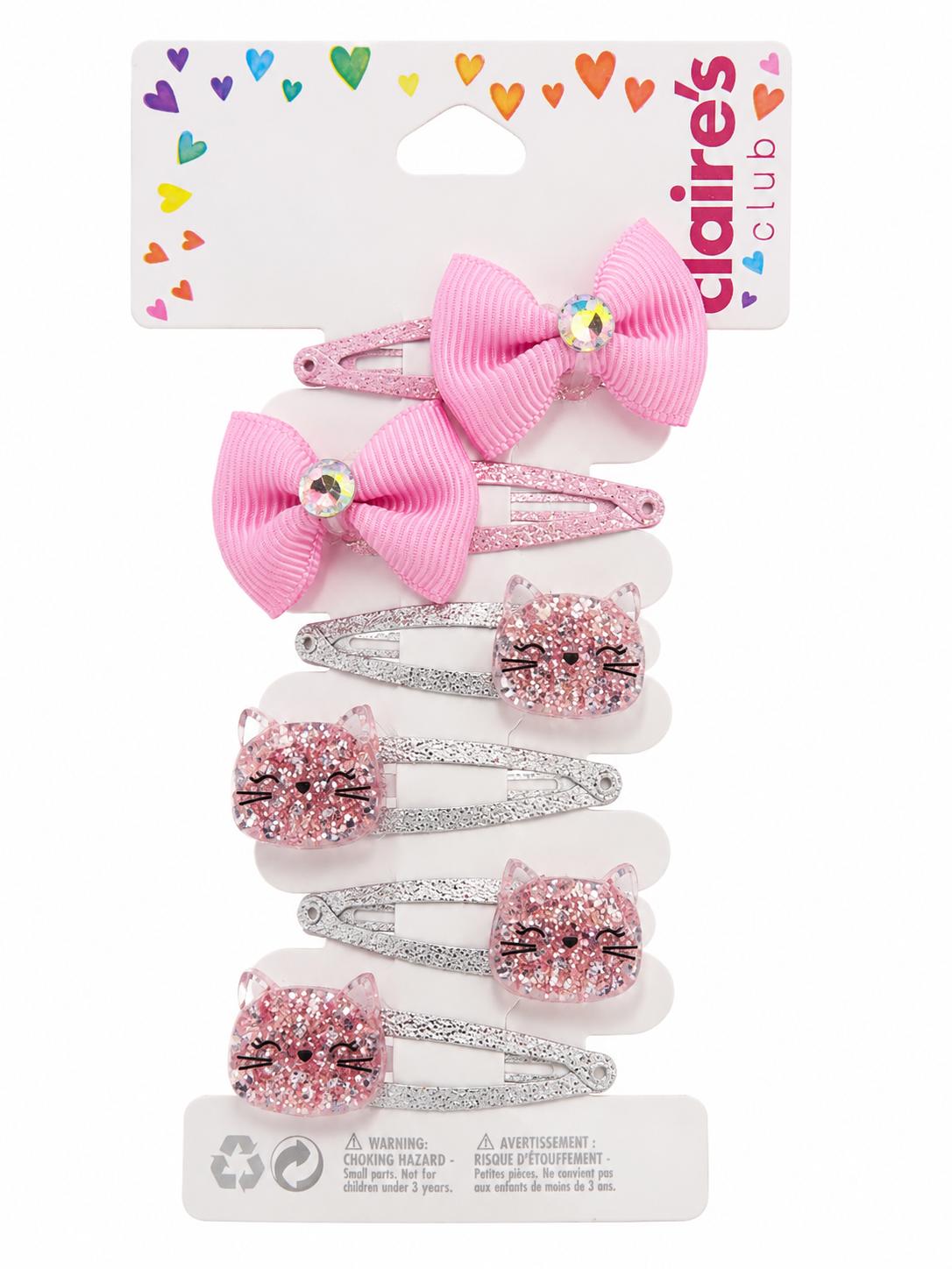 Claire's Kids Pink Bow & Glitter Cat Snap Hair Clips 6-Pack