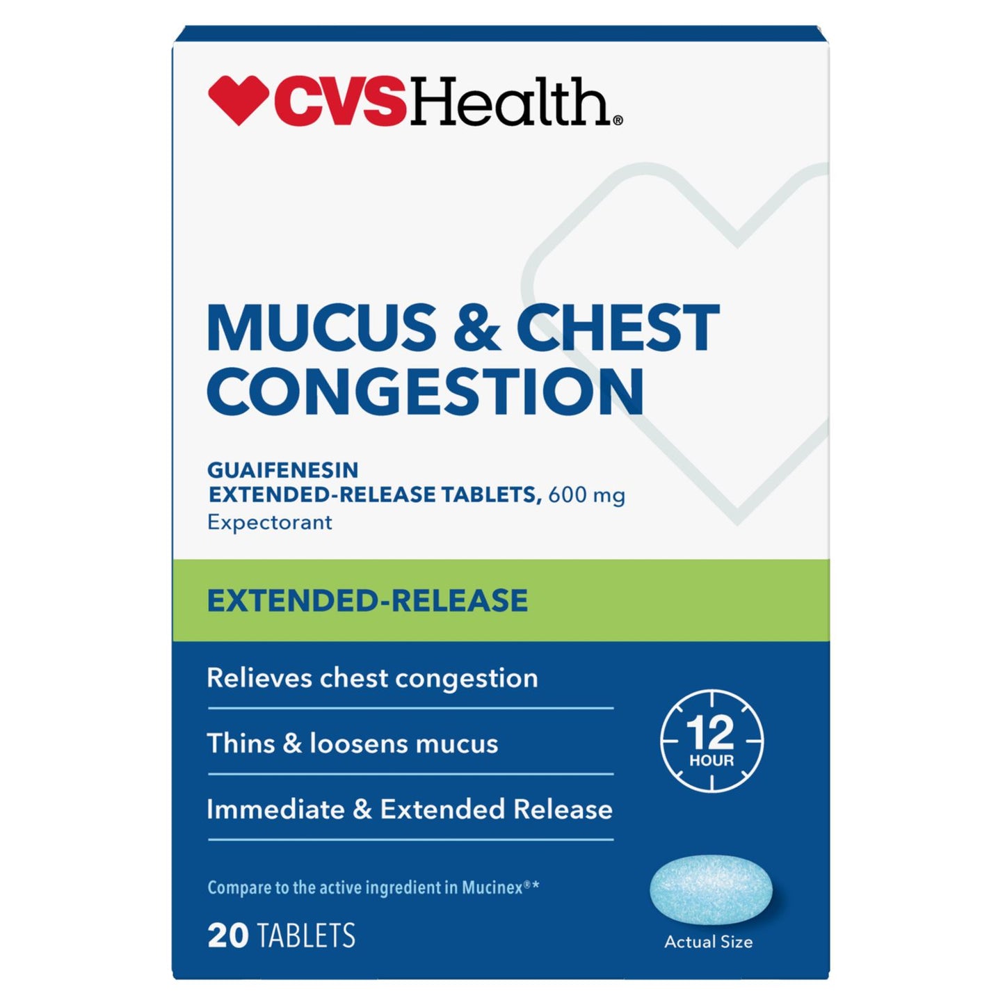 CVS Health Mucus and Chest Congestion Extended Release Guaifenesin 600mg Tablets, 20 ct (EXP: 06/26)