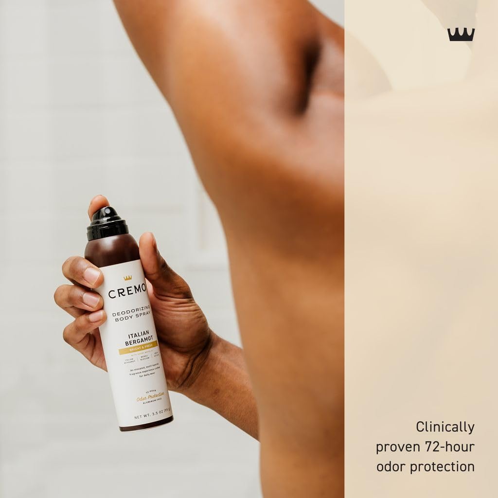 Cremo Deodorizing Body Spray for Men, Italian Bergamot, 3.5 Fl OZ