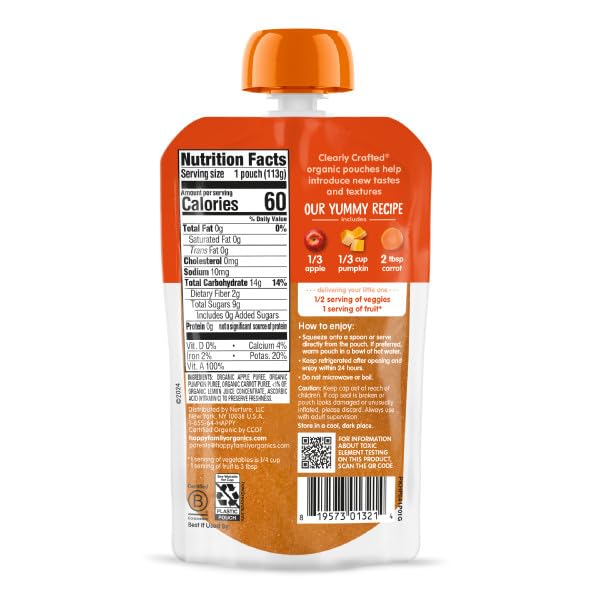 Happy Baby Organics Stage 2 Baby Food Pouches Apple Pumpkin Carrot 4oz (Exp. 09/15/2026