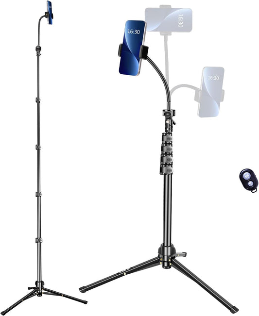 Phone Tripod Stand, Flexible Gooseneck, with Remote, Adjustable Travel Tripod for Cell Phone, Selfie Stick for Recording and Vlogging, Compatible with iPhone Android
