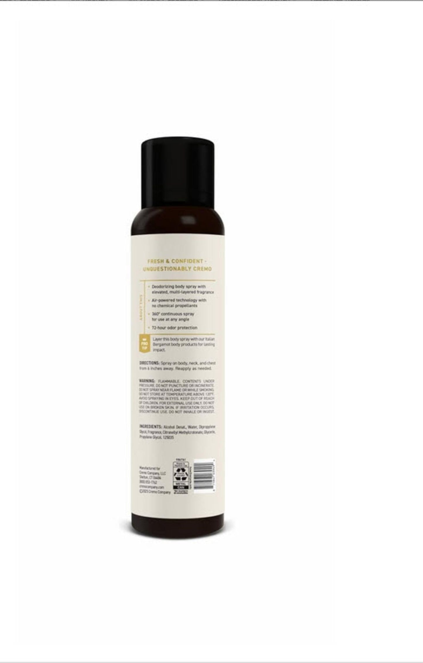 Cremo Deodorizing Body Spray for Men, Italian Bergamot, 3.5 Fl OZ
