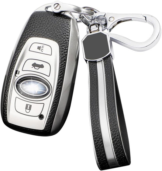 leather keychain Key fob cover for Subaru BRZ Legacy Outback Ascent Crosstrek Forester WRX accessories(silver)