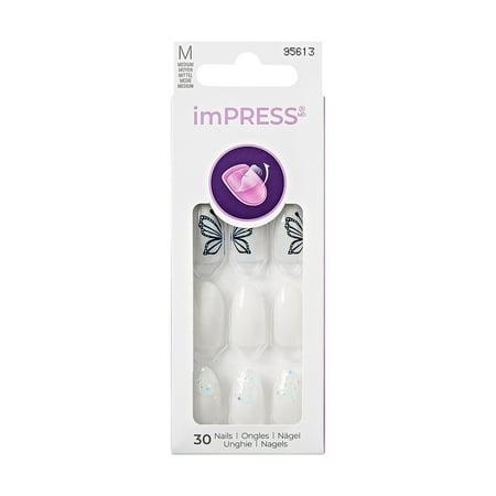 KISS imPRESS Design Press on Nails, Beautified, White, Medium Almond, 30 Count