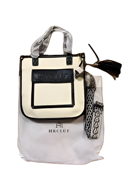 HKCLUF Handbag Purse in White/Cream & Black with Gold Trim & Clip-On Tassel