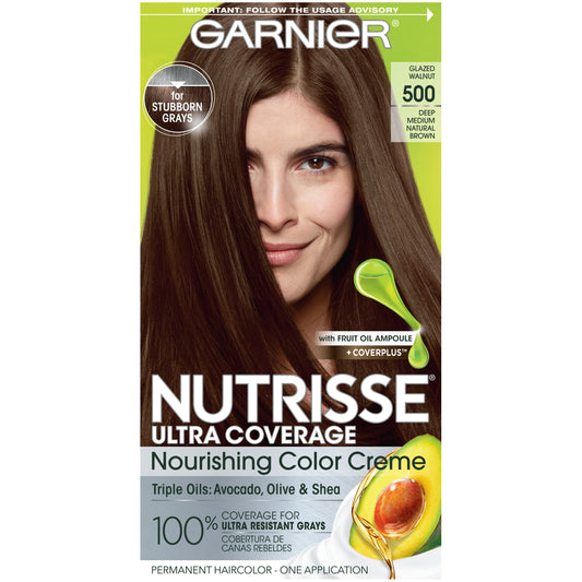 Garnier Nutrisse Ultra Coverage Nourishing Hair Color Creme, Deep Medium Natural Brown Glazed Walnut 500