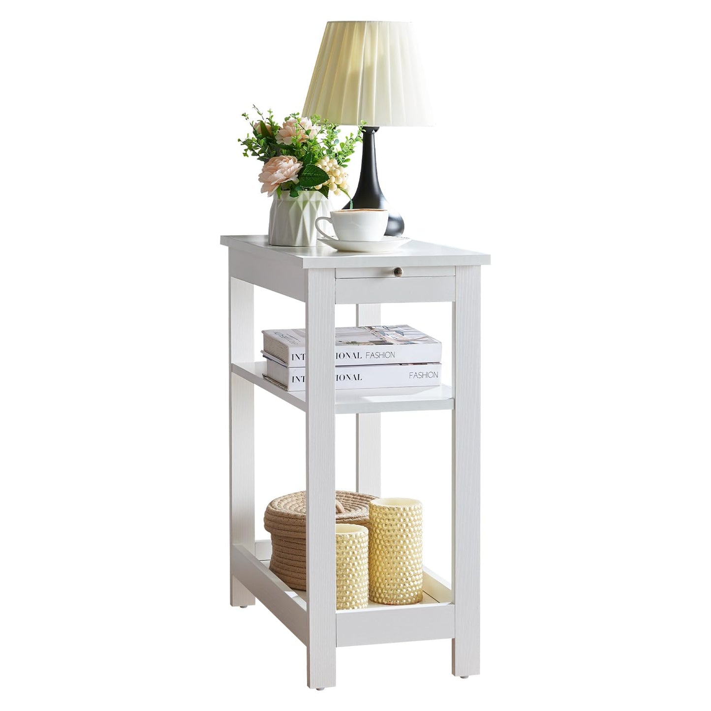 Slim Wood Side End Table with Storage Shelves & Pull-Out Tray - White