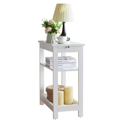 Slim Wood Side End Table with Storage Shelves & Pull-Out Tray - White