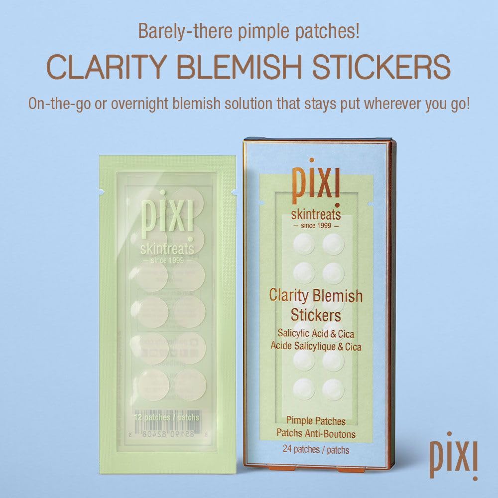 Pixi Clarity Blemish Stickers | Pimple Patches with Salicylic Acid, Green Tea & Cica for Clear & Balanced Skin | Translucent & Gentle | On-the-Go Spot Treatment | 24 patches
