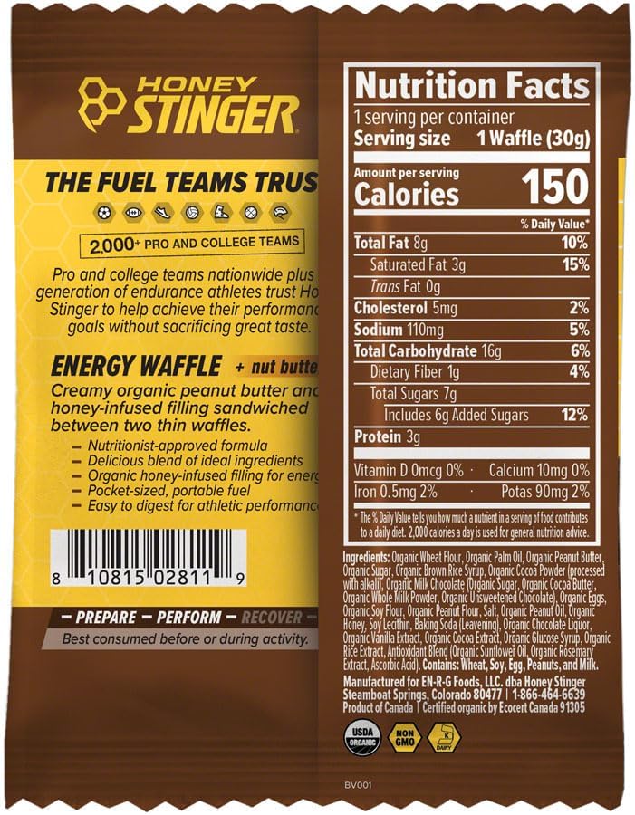 Honey Stinger Organic Peanut Butter Chocolate Waffles - Waffle Sandwich with Honey & Whole Grain Wafers (BB Sept. 26 2026)