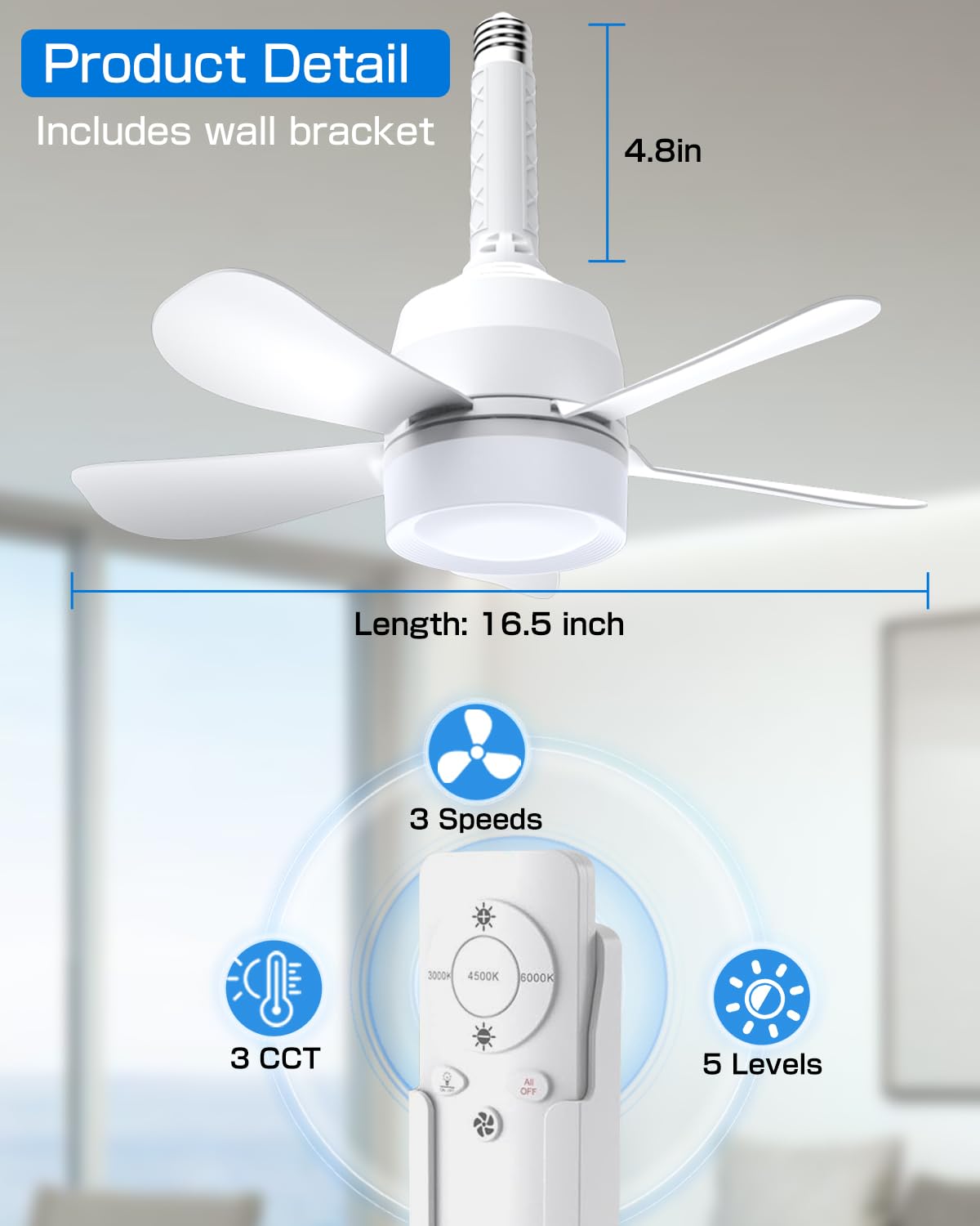 Eonini 16-In Socket Ceiling Fan Light with Remote