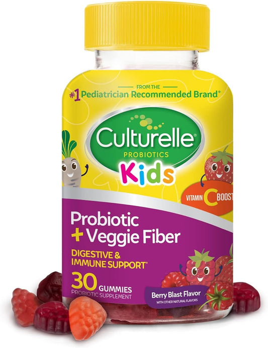 Culturelle Daily Probiotic for Kids + Veggie Fiber Gummies (Ages 3+) 30 Count Berry Flavor - Probiotics for Digestive Health & Immune Support Plus Vitamin C Kids Boost *Exp 12/25*