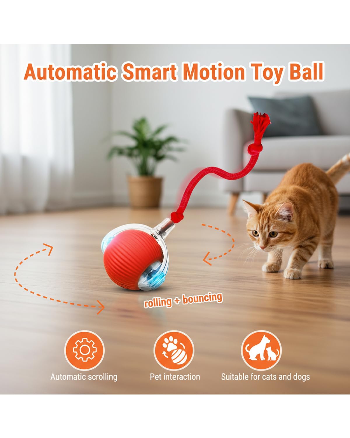 Ipawsplus Interactive Rolling & Bouncing Pet Toy Ball, Red