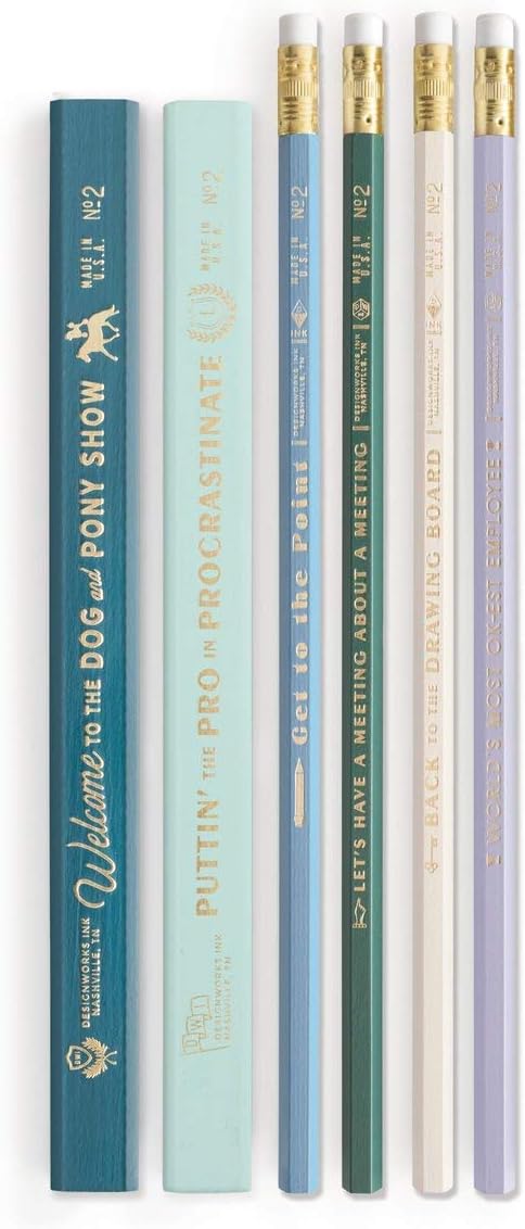 DesignWorks Ink Workplace Shenanigans Engraved Pencil Set Includes 6 Wooden Graphite Pencils with 2 Carpenter Pencils & 4 No. 2 Pencils with Erasers in a Boxed Set *Damaged Package*