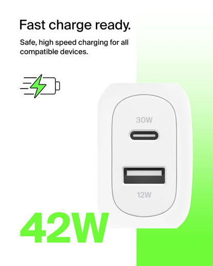 Belkin 42W USB C and USB A Charger Block, USB C to C Cable Included