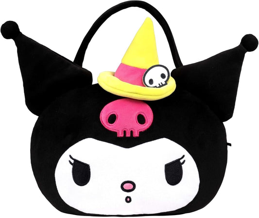 Hello Kitty Kuromi Plush Halloween Treat Pail with Embroidered Face, Soft Fabric and Top Opening