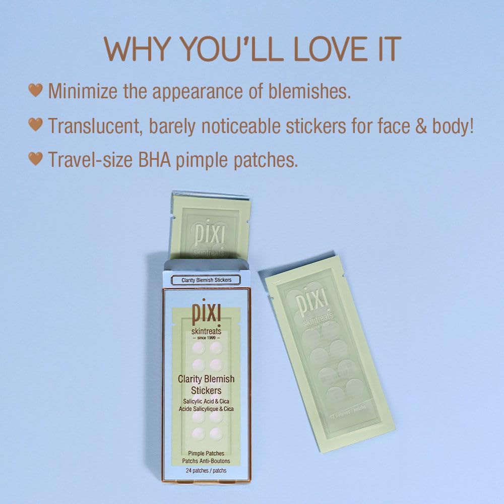 Pixi Clarity Blemish Stickers | Pimple Patches with Salicylic Acid, Green Tea & Cica for Clear & Balanced Skin | Translucent & Gentle | On-the-Go Spot Treatment | 24 patches