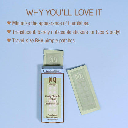Pixi Clarity Blemish Stickers | Pimple Patches with Salicylic Acid, Green Tea & Cica for Clear & Balanced Skin | Translucent & Gentle | On-the-Go Spot Treatment | 24 patches