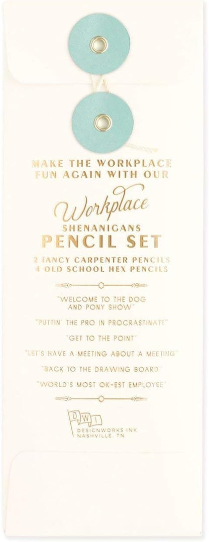 DesignWorks Ink Workplace Shenanigans Engraved Pencil Set Includes 6 Wooden Graphite Pencils with 2 Carpenter Pencils & 4 No. 2 Pencils with Erasers in a Boxed Set *Damaged Package*