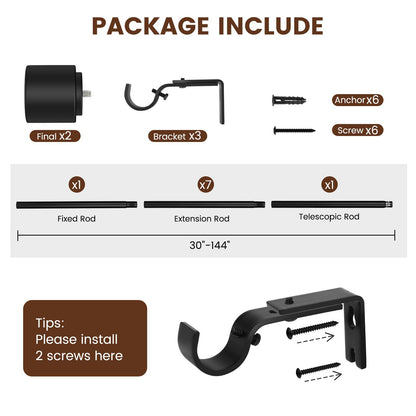 Matte Black Heavy-Duty Curtain Rod 30-144 In