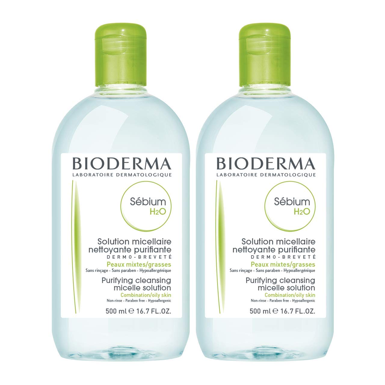 Pack of 2 Bioderma - Sebium H2O - Micellar Water - Facial Cleanser and Makeup Remover - Face Cleanser for Combination to Oily Skin