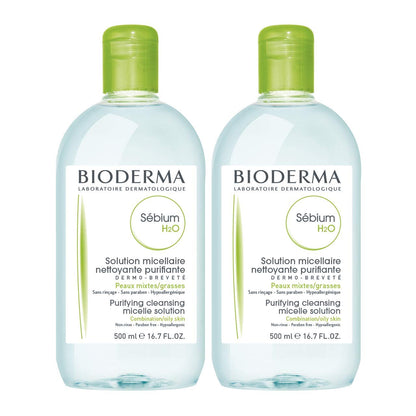 Pack of 2 Bioderma - Sebium H2O - Micellar Water - Facial Cleanser and Makeup Remover - Face Cleanser for Combination to Oily Skin