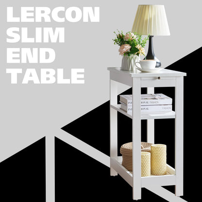 Slim Wood Side End Table with Storage Shelves & Pull-Out Tray - White