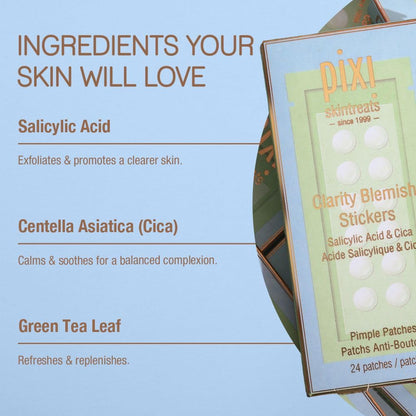 Pixi Clarity Blemish Stickers | Pimple Patches with Salicylic Acid, Green Tea & Cica for Clear & Balanced Skin | Translucent & Gentle | On-the-Go Spot Treatment | 24 patches
