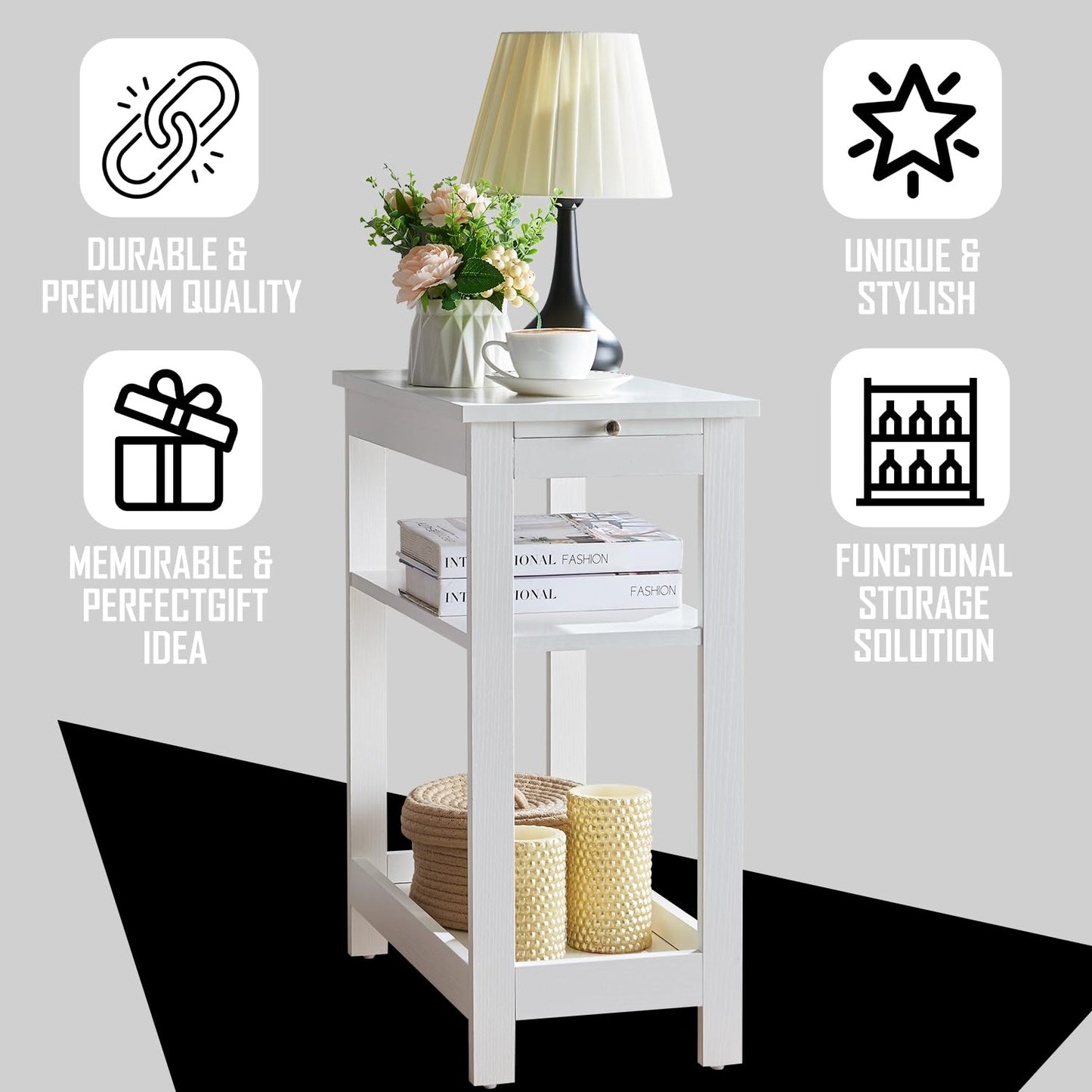 Slim Wood Side End Table with Storage Shelves & Pull-Out Tray - White