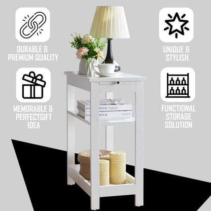 Slim Wood Side End Table with Storage Shelves & Pull-Out Tray - White