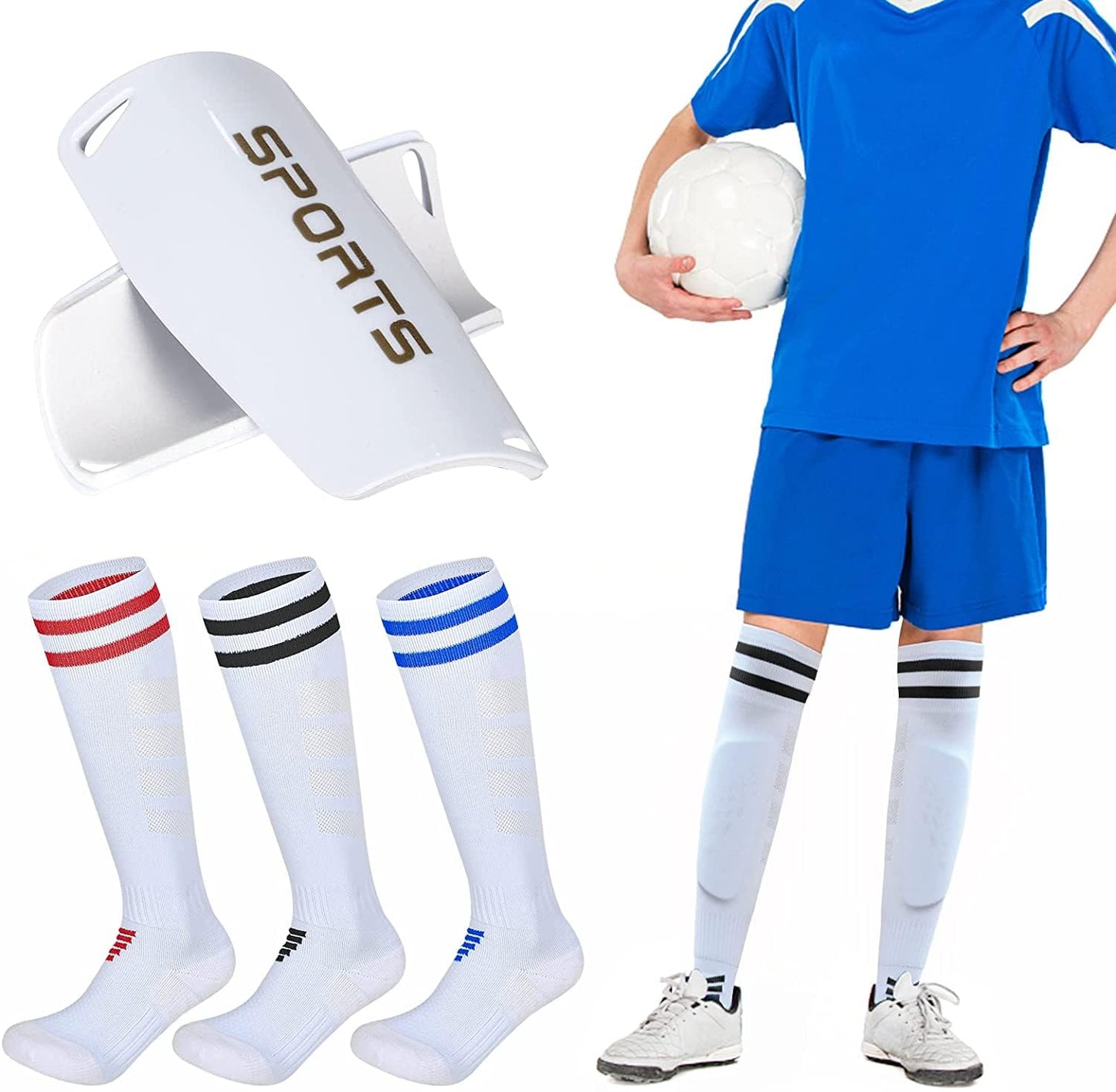 Shin Guards Soccer Youth(3 Pairs Socks + 1 Pair Shin Guard) (SIZE: Small)