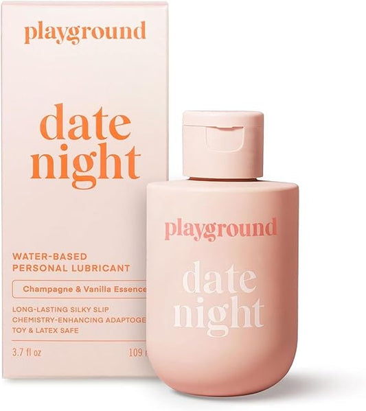 Playground Date Night, Water-Based Personal Lubricant with Naural Ingredients, Safe to Use with Latex Condoms, Lube for Men, Women, and Couples, Champagne &amp; Vanilla Scent, 3.7 Fl. Oz. EXP 03/26