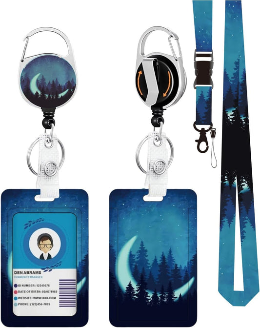 Misty Forest ID Badge Holder with Lanyard Retractable Badge Reel Heavy Duty and Detachable Name Tag Clips Fashionable Vertical Card Protector for Women Student Teacher Nurse Office