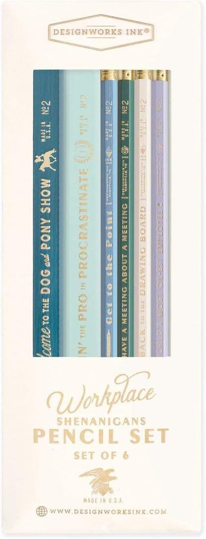 DesignWorks Ink Workplace Shenanigans Engraved Pencil Set Includes 6 Wooden Graphite Pencils with 2 Carpenter Pencils & 4 No. 2 Pencils with Erasers in a Boxed Set *Damaged Package*