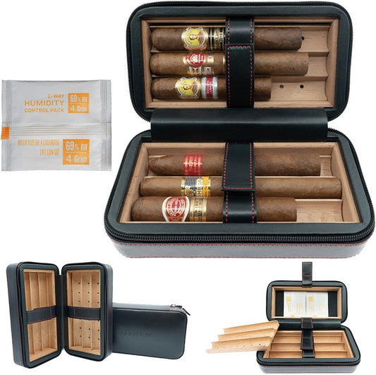 Segaphy Cigar Travel Humidor Case Box with Cedar Lining Portable Leather Humidor with 2-Way Humidity Control Hold 6 Cigars(Black)