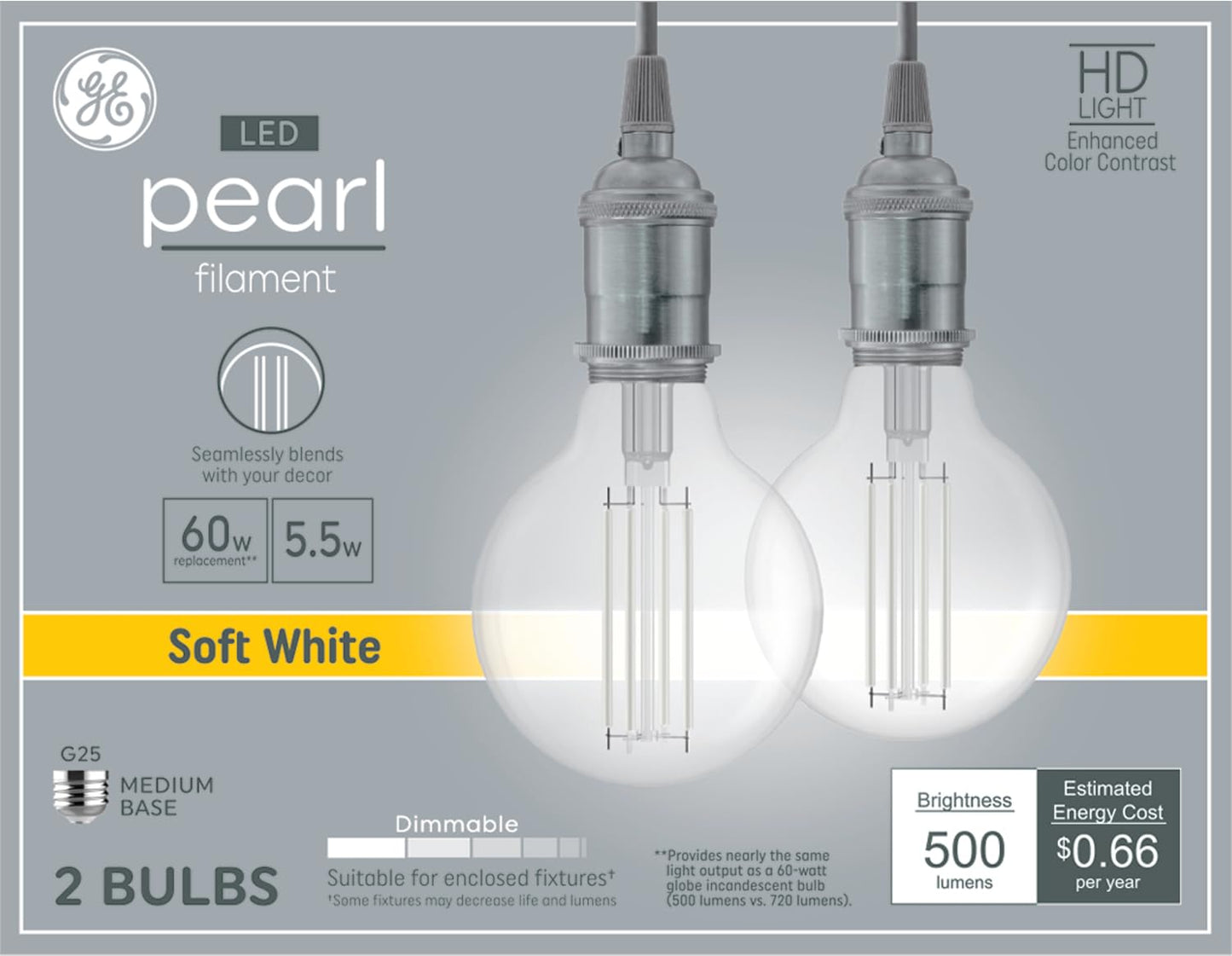 GE Pearl Filament LED 60W - Globe Bulbs (2 Pack)
