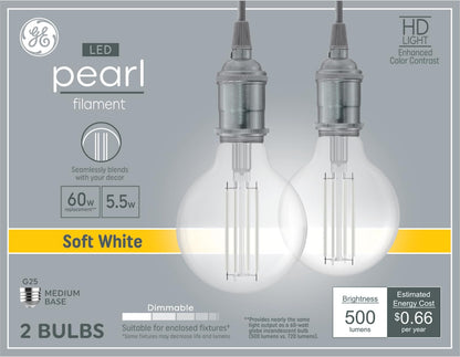 GE Pearl Filament LED 60W - Globe Bulbs (2 Pack)