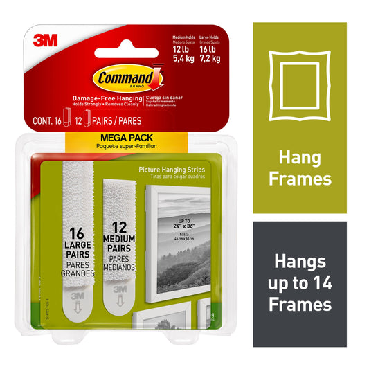 Command Damage-Free Picture Hanging Strips 16 Large 15 lb & 12 Medium 10 lb - 28 Total Pairs