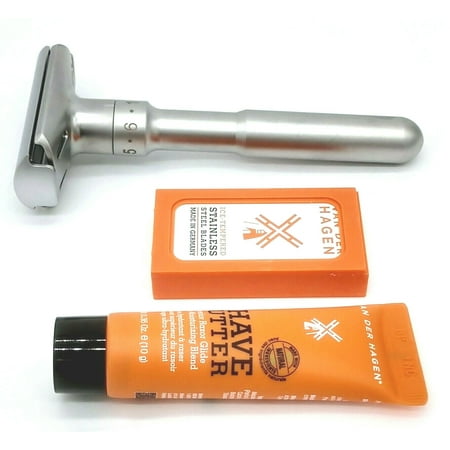 Van Der Hagen Unisex TWIST Adjustable Safety Razor Siver 5 Blades + Shave Butter sample *Damaged Box*