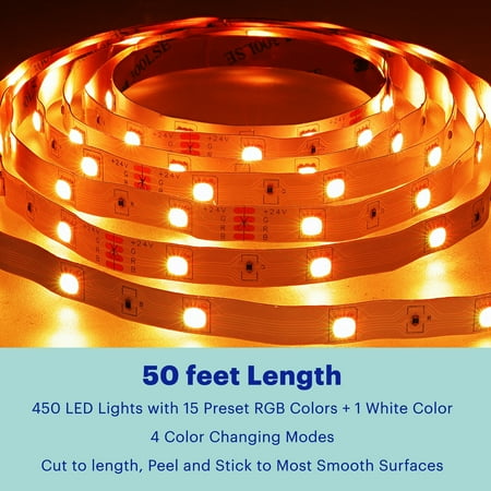 Onn Bright Multicolor LED Light Strip 50ft, Indoor Light with Remote Control