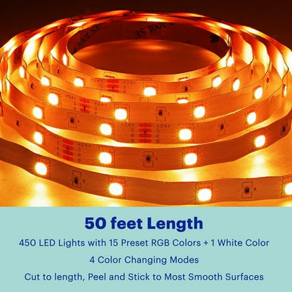 Onn Bright Multicolor LED Light Strip 50ft, Indoor Light with Remote Control