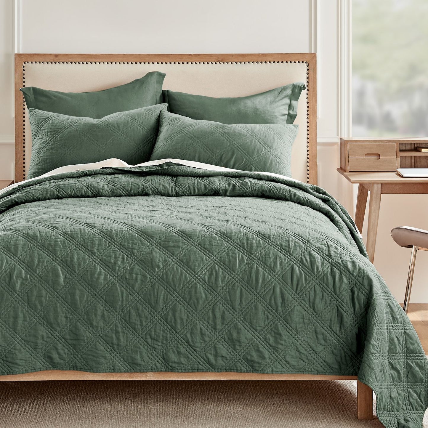 Levtex Home Washed Linen Quilt Green Forest Twin 68 x 86 Inch