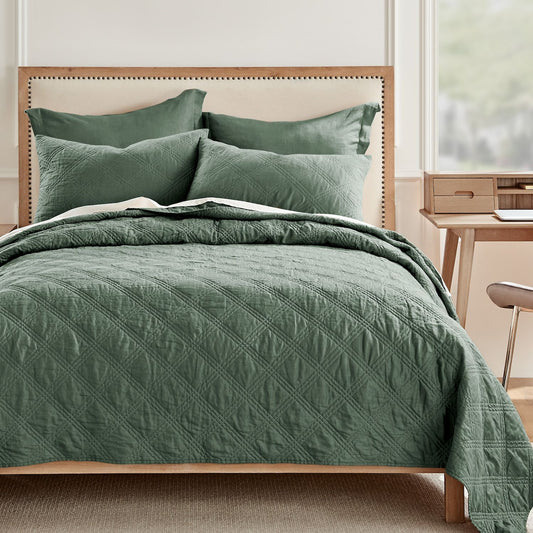 Levtex Home Washed Linen Quilt Green Forest Twin 68 x 86 Inch