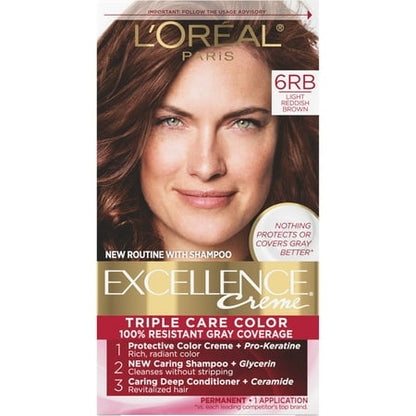 L'Oreal Paris Excellence Creme Permanent Hair Color, Triple Care, 6RB Light Reddish Brown, 1 kit