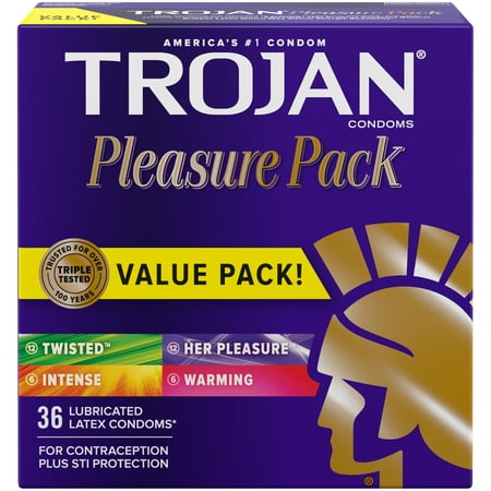 TROJAN Pleasure Pack Assorted Condoms, Lubricated Condoms Value Pack, 36 Count *Damaged Packaging* *Exp 2028/02/01*